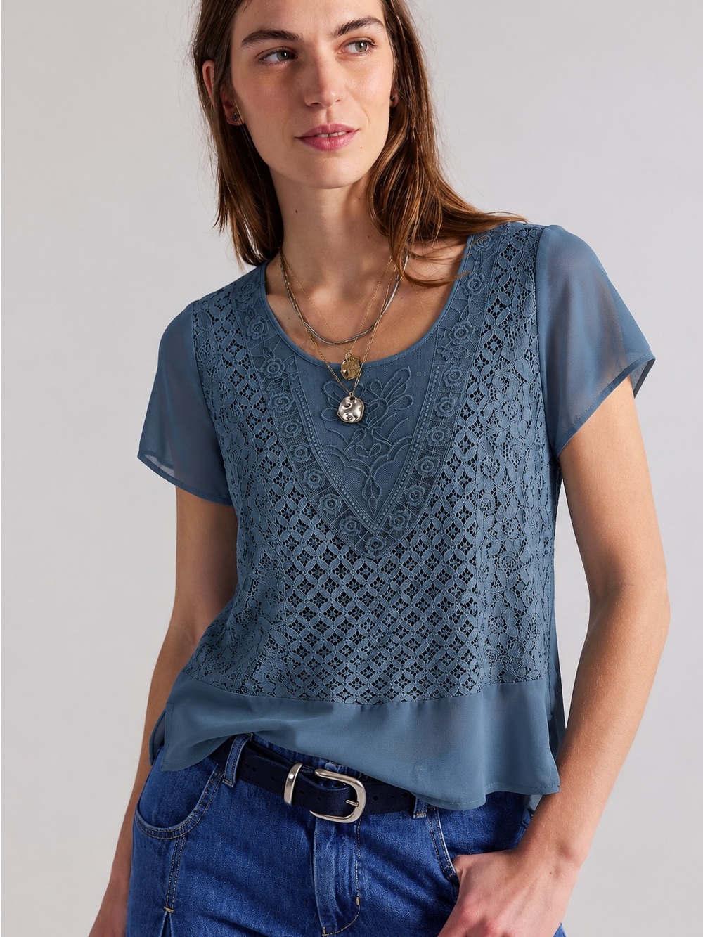 188. Blue Lace Panel Short Sleeve Women's Top